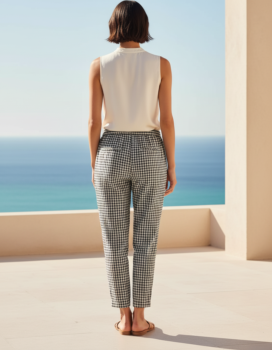 Pantalon En Lin Carreaux Ample Coton Décontracté Taille Élastique - Imprimé - vue 2