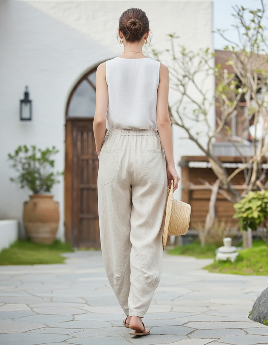 Pantalon En Lin Ample Beige Taille Haute Femme - vue 2