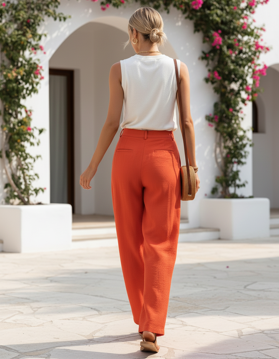Pantalon En Lin Fluide Taille Haute Orange - vue 2