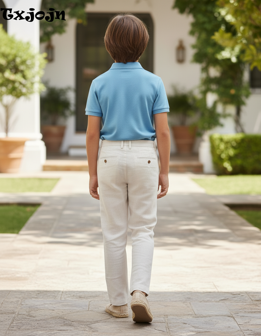 Pantalon En Lin Beige Garçon Décontracté Droit - vue 2