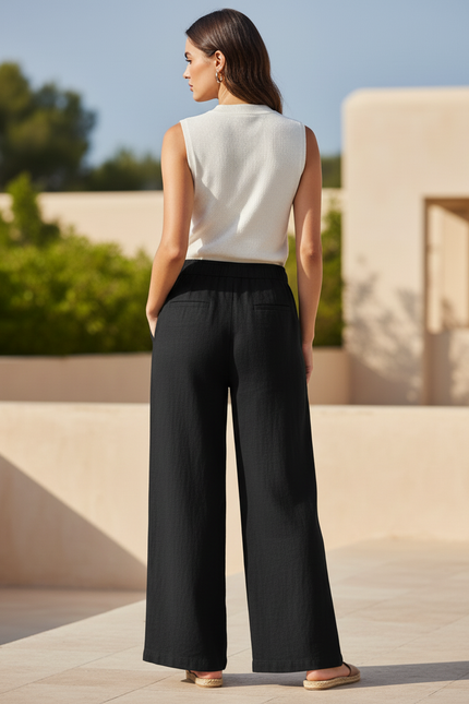 Pantalon En Lin Noir Ample Fluide Taille Haute Femme - vue 2