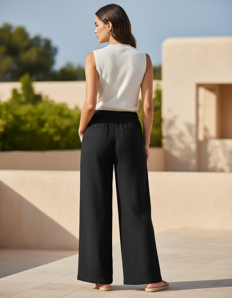 Pantalon En Lin Noir Ample Fluide Taille Haute Femme - vue 2