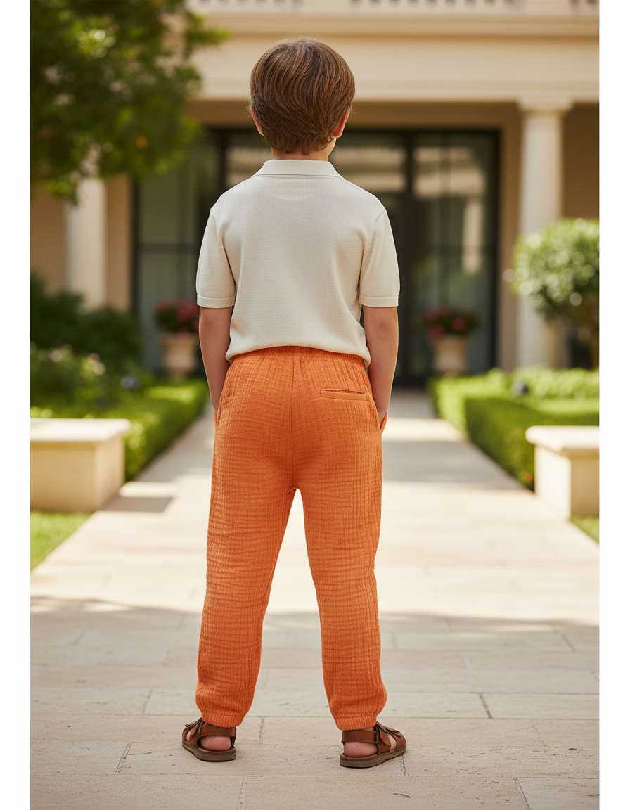 Pantalon En Lin Orange Plissé Ample Respirant Enfants - vue 2