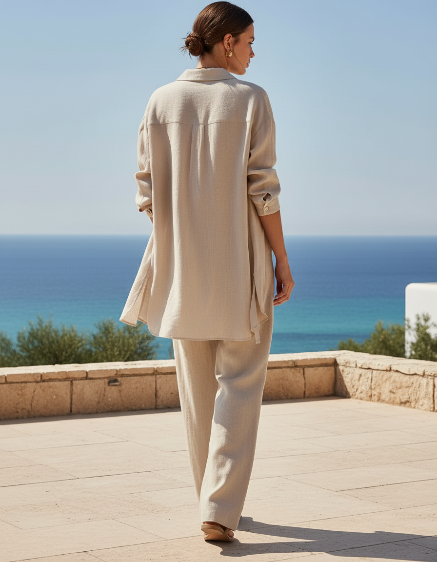 Pantalon En Lin Beige Ample Décontracté Fluide Femme - vue 2
