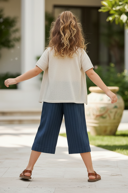 Pantalon En Lin Bleu Marine Rayé Ample Décontracté Enfant - vue 2