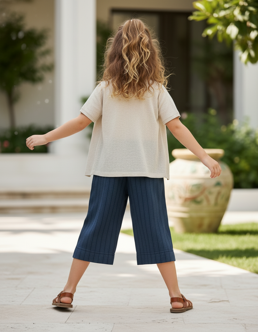 Pantalon En Lin Bleu Marine Rayé Ample Décontracté Enfant - vue 2
