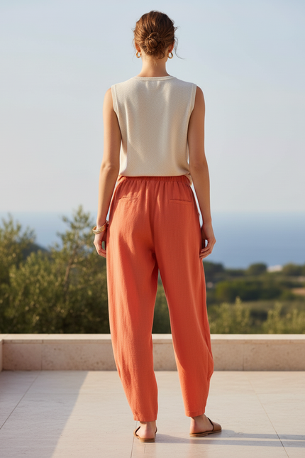 Pantalon En Lin Ample Orange Taille Haute Sarouel Femme - vue 2