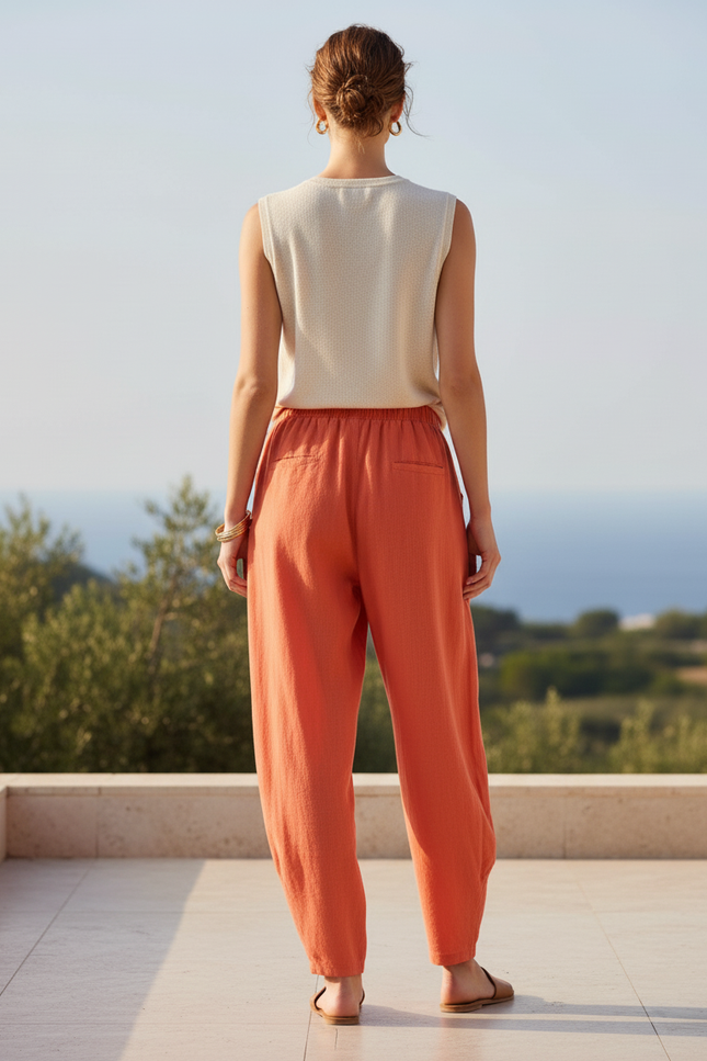 Pantalon En Lin Ample Orange Taille Haute Sarouel Femme - vue 2