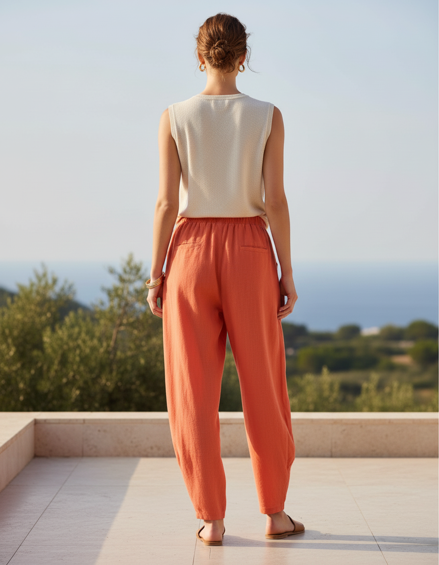 Pantalon En Lin Ample Orange Taille Haute Sarouel Femme - vue 2