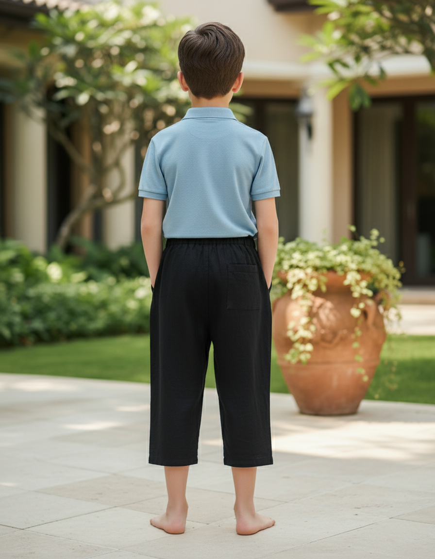 Pantalon En Lin Garçon Noir Coupe Ample - vue 2