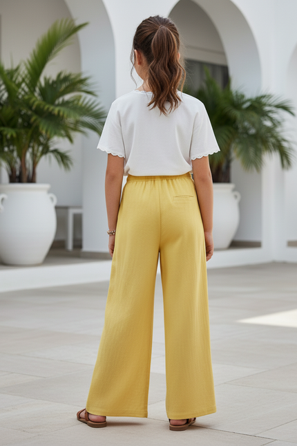 Pantalon En Lin Jaune Ample Fluide Décontracté Fille - vue 2