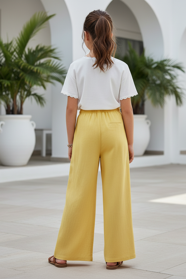 Pantalon En Lin Jaune Ample Fluide Décontracté Fille - vue 2