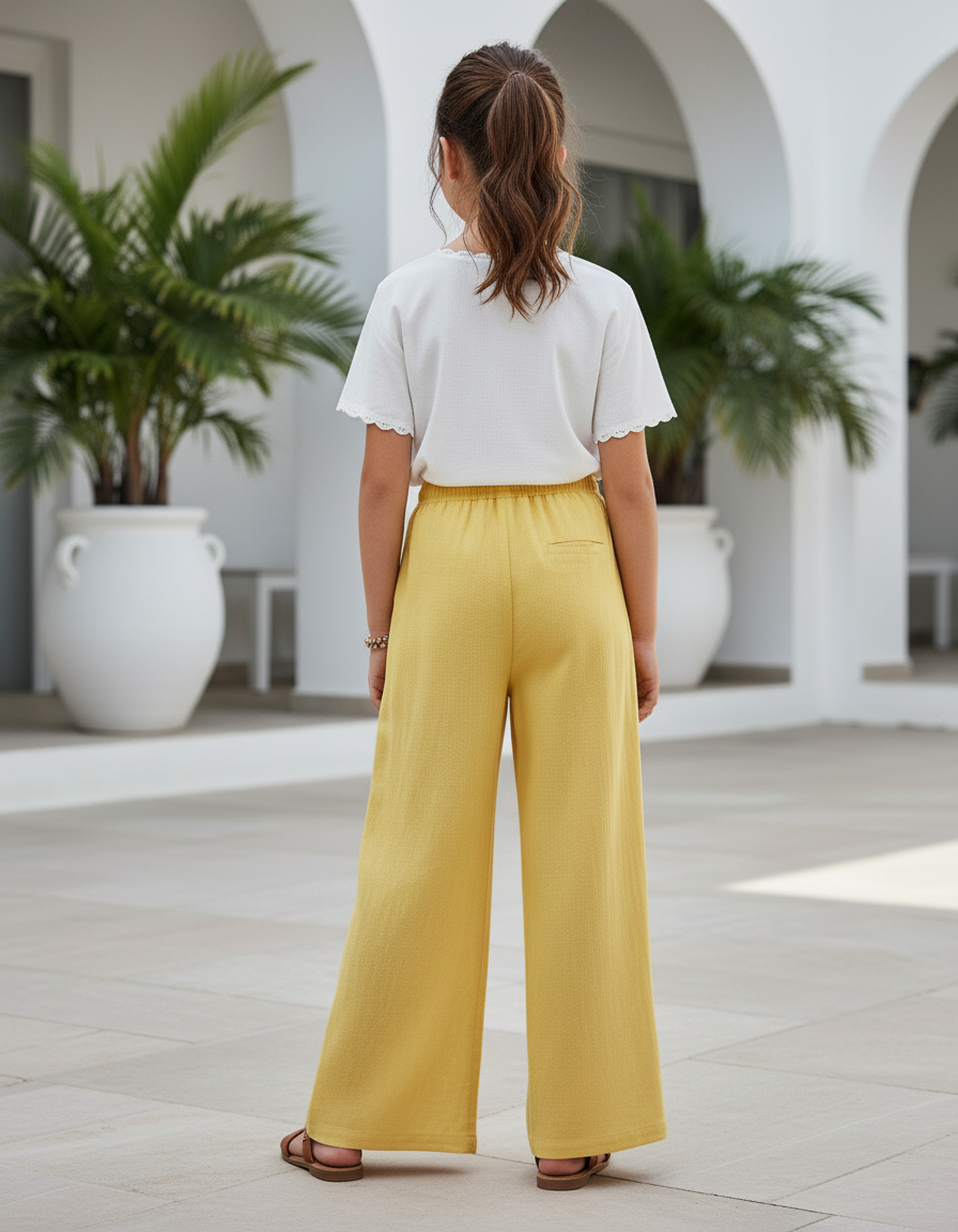 Pantalon En Lin Jaune Ample Fluide Décontracté Fille - vue 2