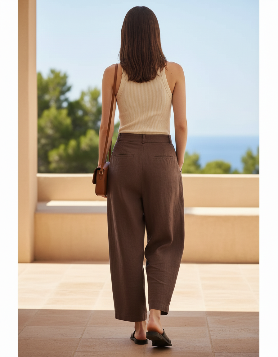 Pantalon En Lin Ample Marron Plissé Décontracté Femme - vue 2