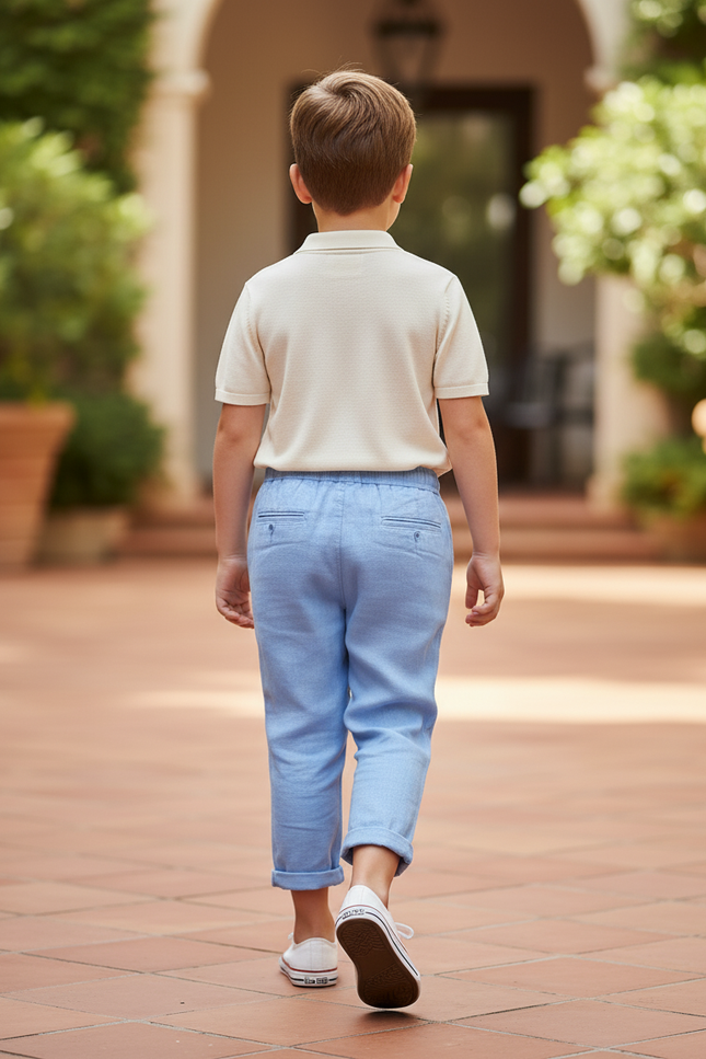 Pantalon En Lin Bleu Ciel Ample Décontracté Enfant Cordon De Serrage - vue 2