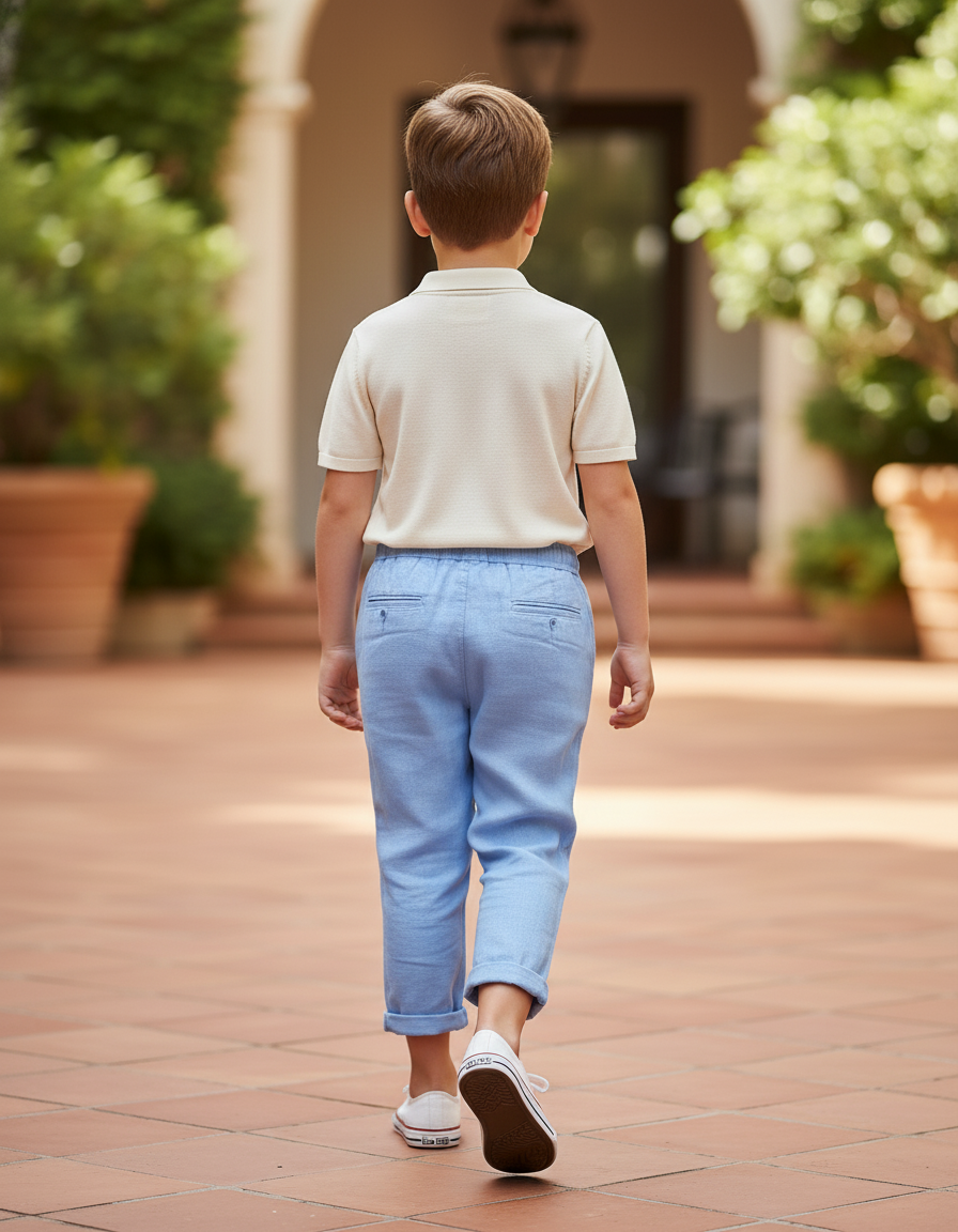 Pantalon En Lin Bleu Ciel Ample Décontracté Enfant Cordon De Serrage - vue 2
