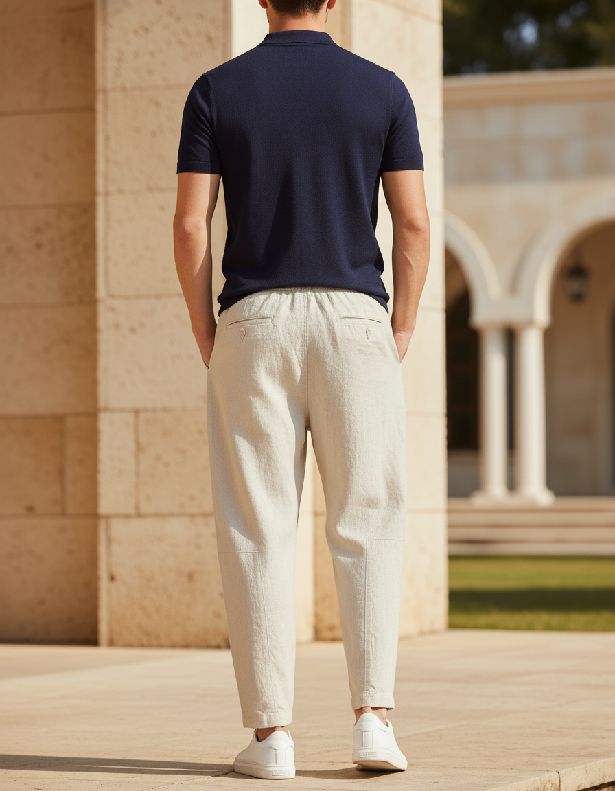 Pantalon En Lin Homme Ample Décontracté Beige Clair Cordon - vue 2