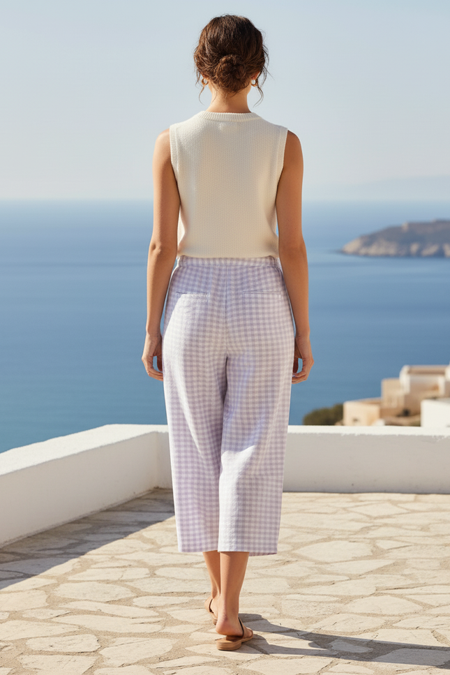 Pantalon En Lin Carreaux Vichy Ample Estival Violet - vue 2