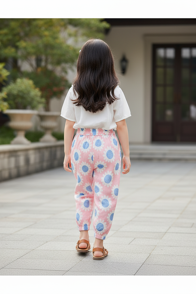 Pantalon En Lin Rose Imprimé Fleurs Élastique Fille - vue 2