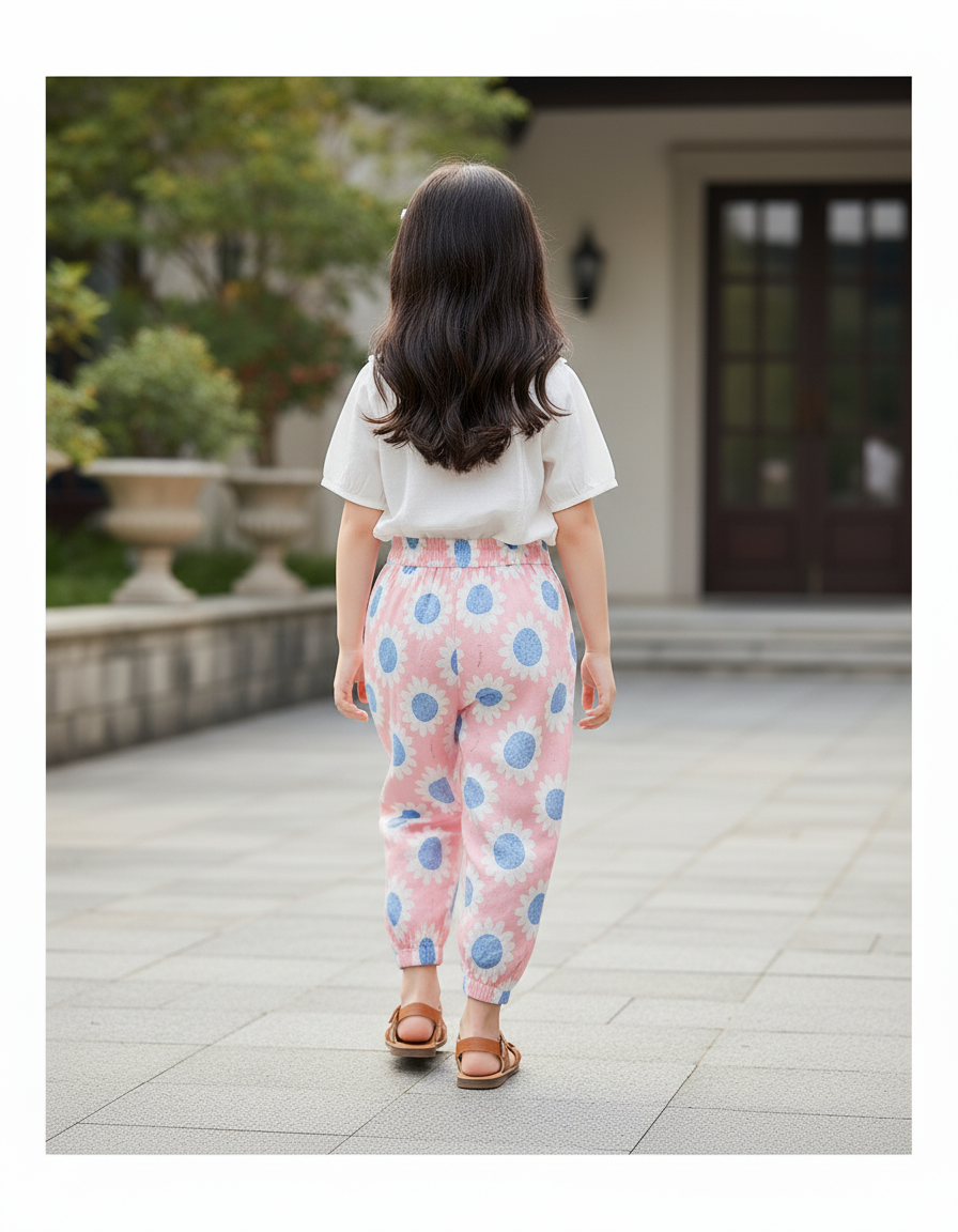 Pantalon En Lin Rose Imprimé Fleurs Élastique Fille - vue 2