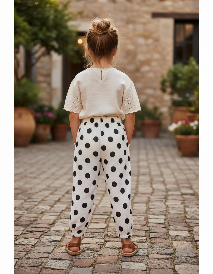 Pantalon En Lin Blanc À Pois Noirs Ample Enfant - vue 2