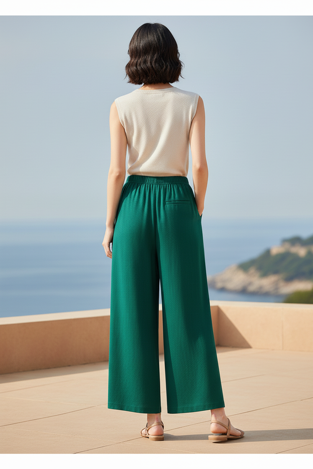 Pantalon En Lin Vert Ample Femme Décontracté Fluide - vue 2