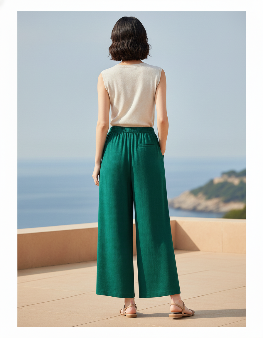 Pantalon En Lin Vert Ample Femme Décontracté Fluide - vue 2