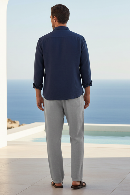 Pantalon En Lin Gris Décontracté Droit Cordon Léger - vue 2