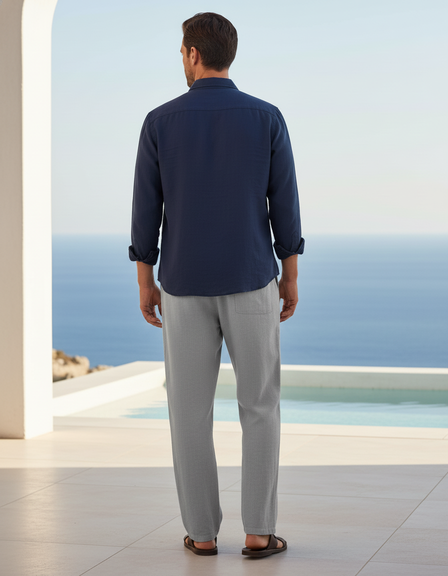 Pantalon En Lin Gris Décontracté Droit Cordon Léger - vue 2