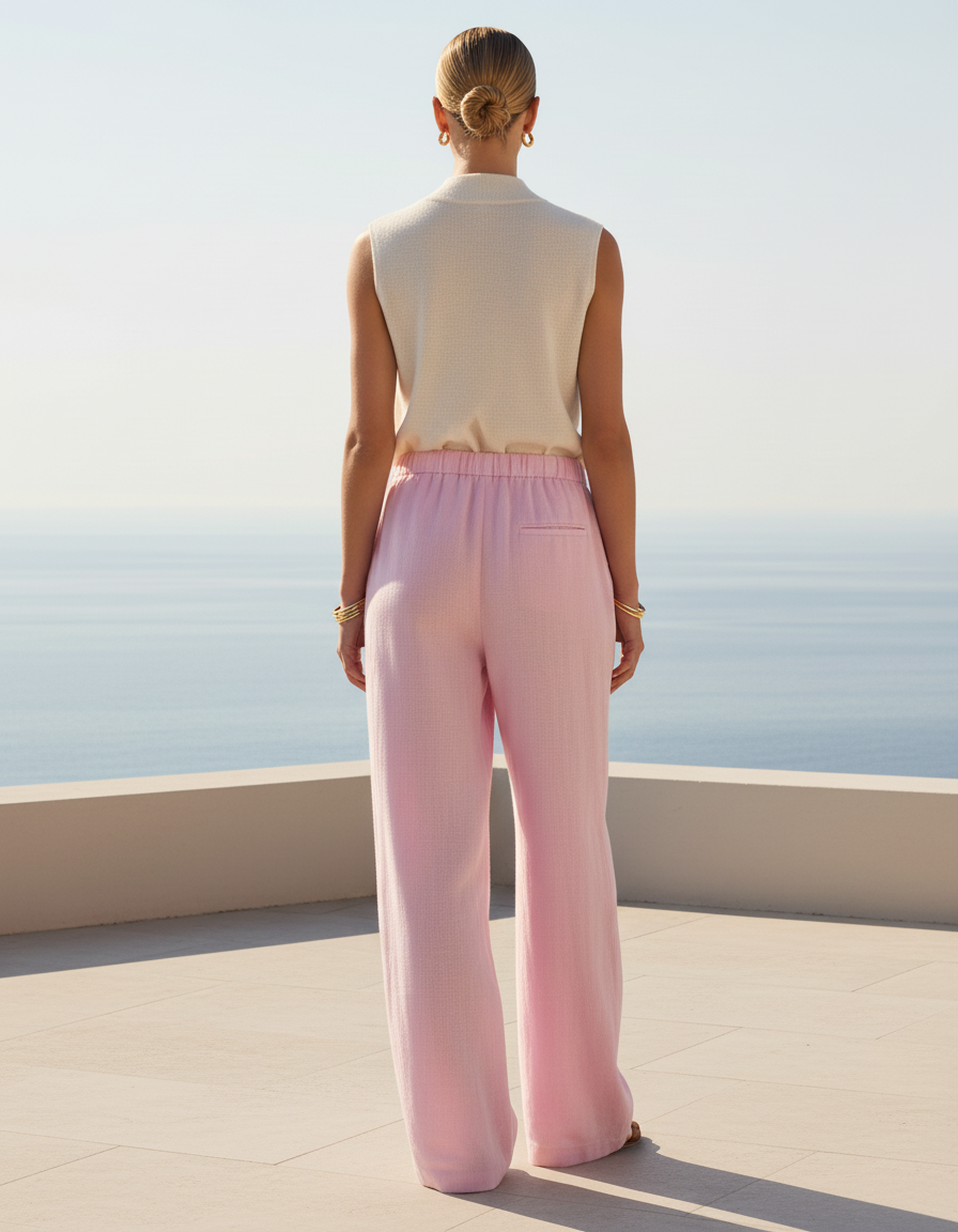 Pantalon En Lin Rose Ample Décontracté Léger Fluide - vue 2