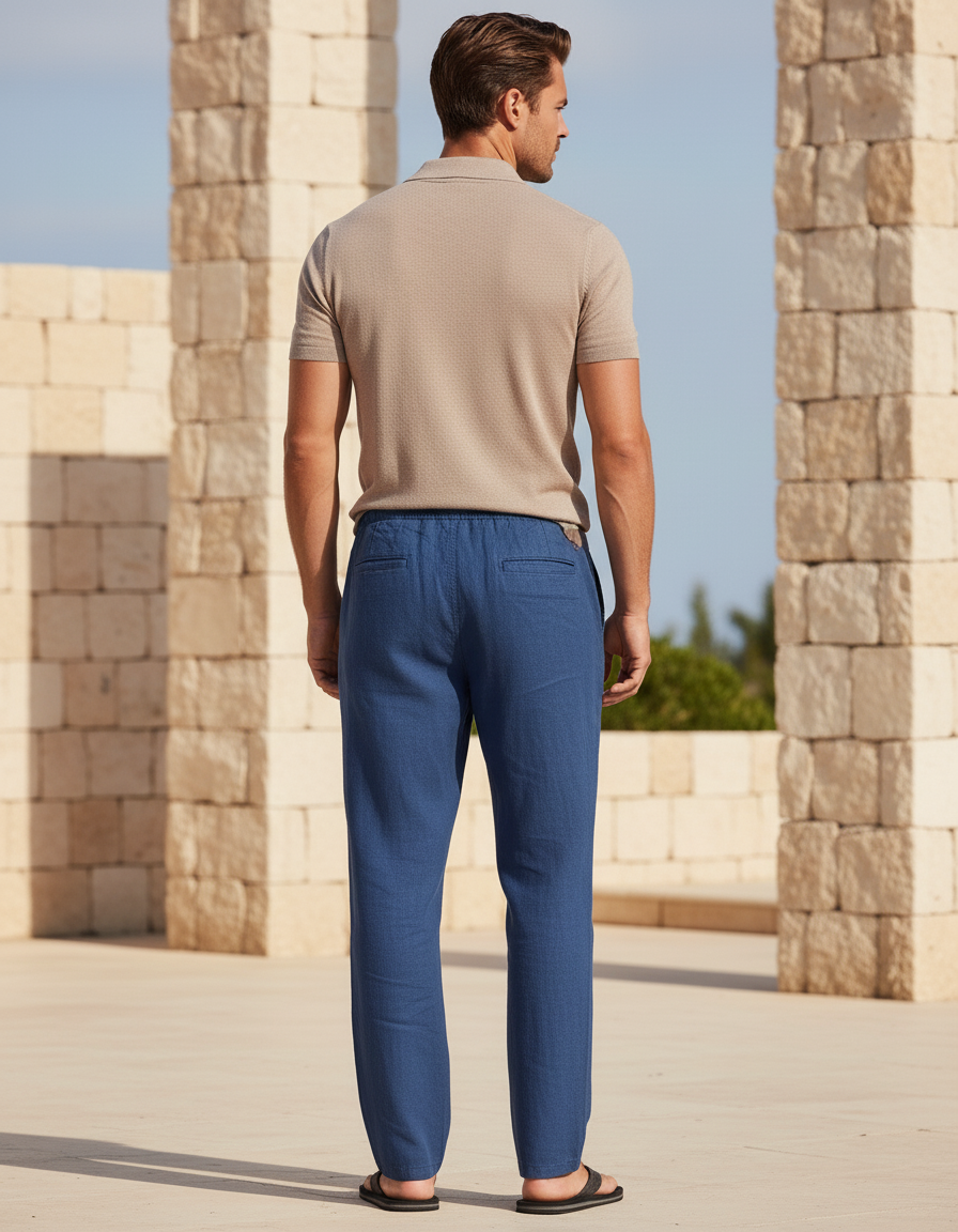 Pantalon Bleu En Lin Homme - vue 2