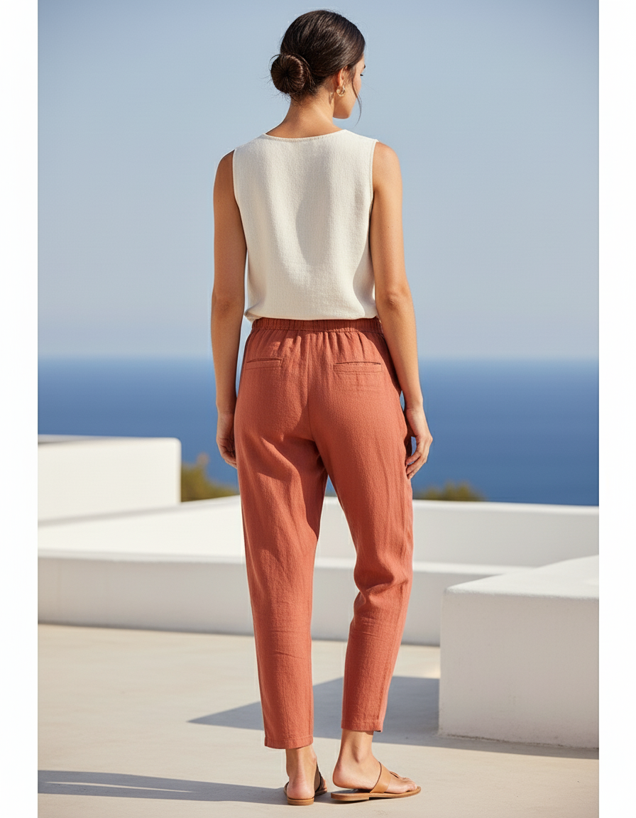 Pantalon En Lin Ample Cordon Taille Élastique Confortable - Orange - vue 2