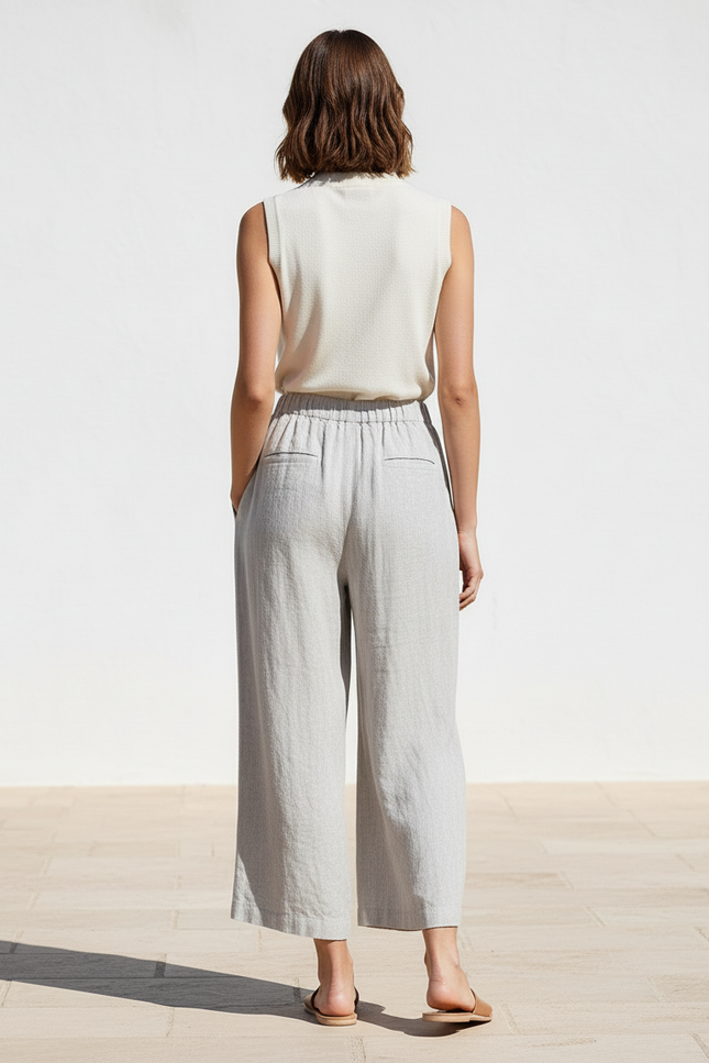 Pantalon En Lin Ample Fluide Gris Taille Élastique - vue 2