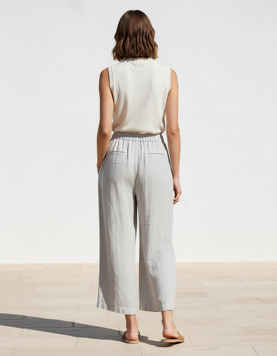 Pantalon En Lin Ample Fluide Gris Taille Élastique - vue 2