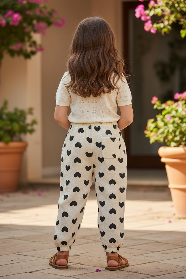 Pantalon En Lin Écru Cœurs Noirs Ample Élastique Fille - Beige - vue 2