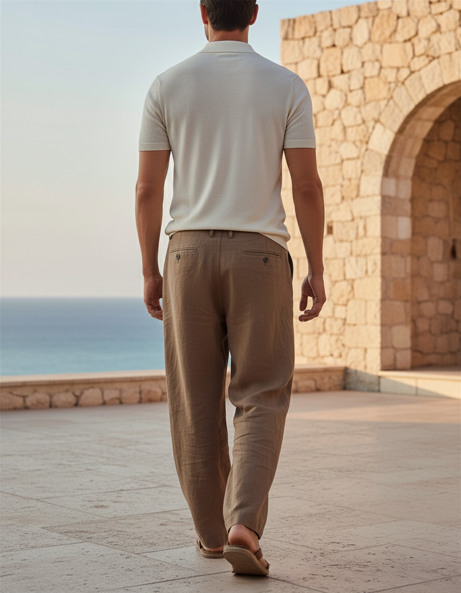 Pantalon En Lin Marron Ample Décontracté Élégant Homme - vue 2