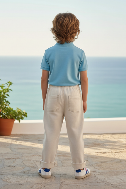 Pantalon En Lin Écru Droit Décontracté Enfant - Beige - vue 2