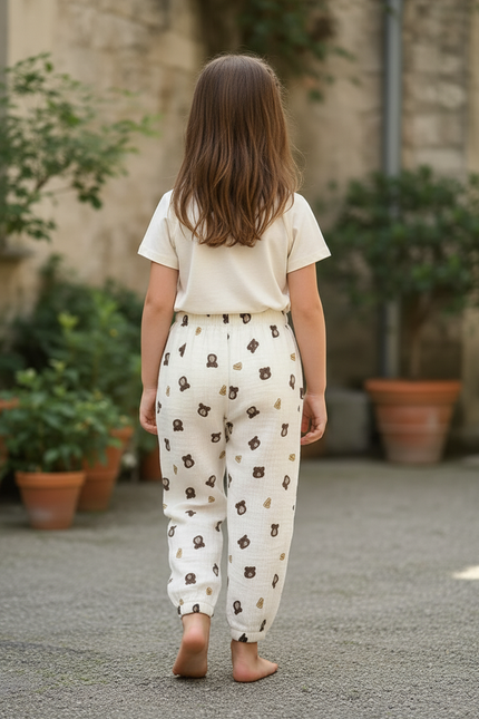 Pantalon En Lin Blanc Imprimé Ours Ample Enfant - vue 2