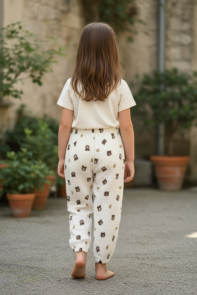 Pantalon En Lin Blanc Imprimé Ours Ample Enfant - vue 2