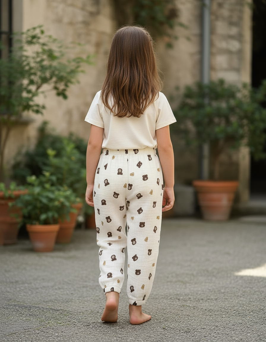 Pantalon En Lin Blanc Imprimé Ours Ample Enfant - vue 2