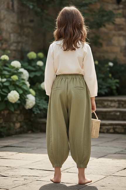 Pantalon En Lin Vert Citrouille Bohème Ample Décontracté - Kaki - vue 2