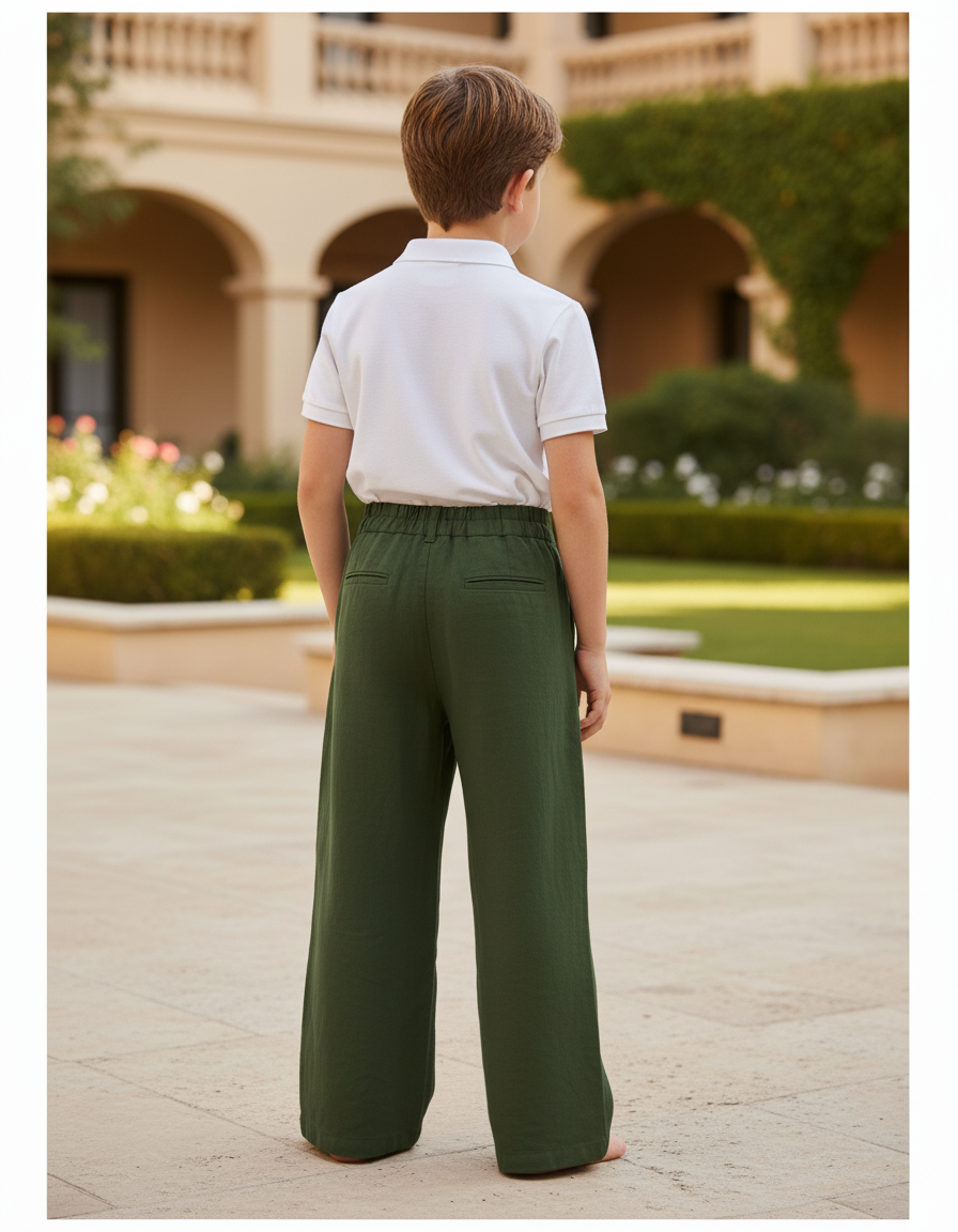 Pantalon En Lin Vert Ample Décontracté Enfant Garçon - vue 2