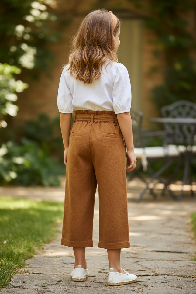 Pantalon En Lin Marron Ample Fluide Fille Ceinture - vue 2