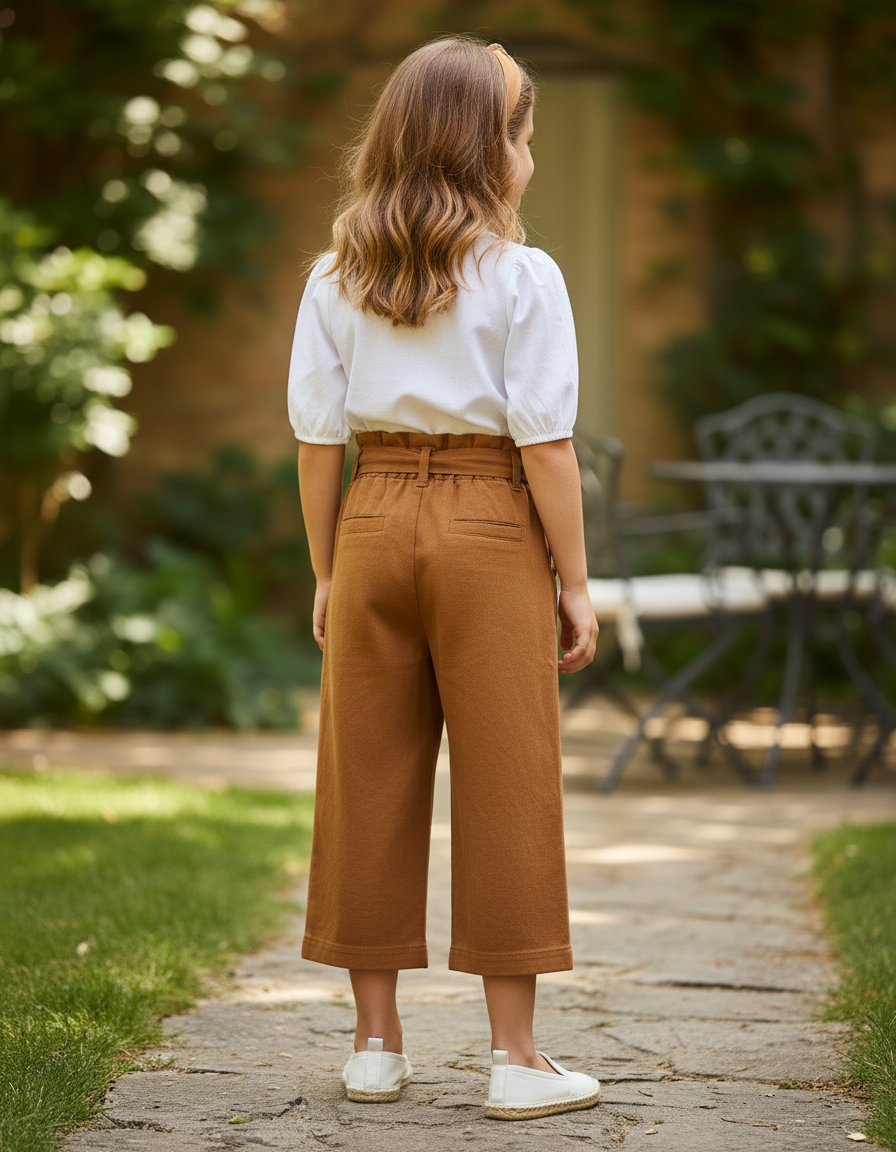 Pantalon En Lin Marron Ample Fluide Fille Ceinture - vue 2