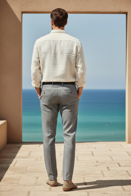 Pantalon En Lin Gris Ajusté Élégant Homme - vue 2