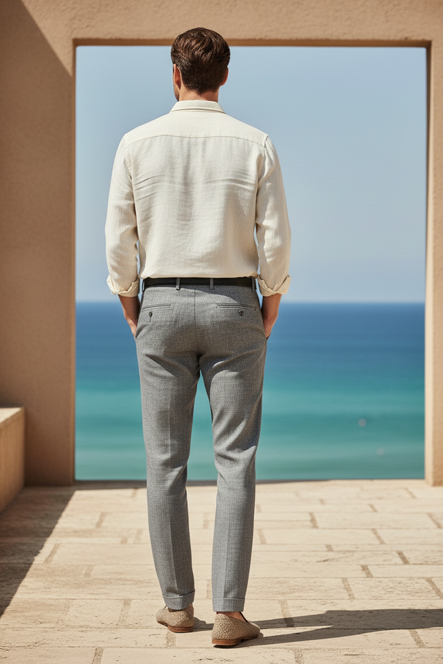 Pantalon En Lin Gris Ajusté Élégant Homme - vue 2