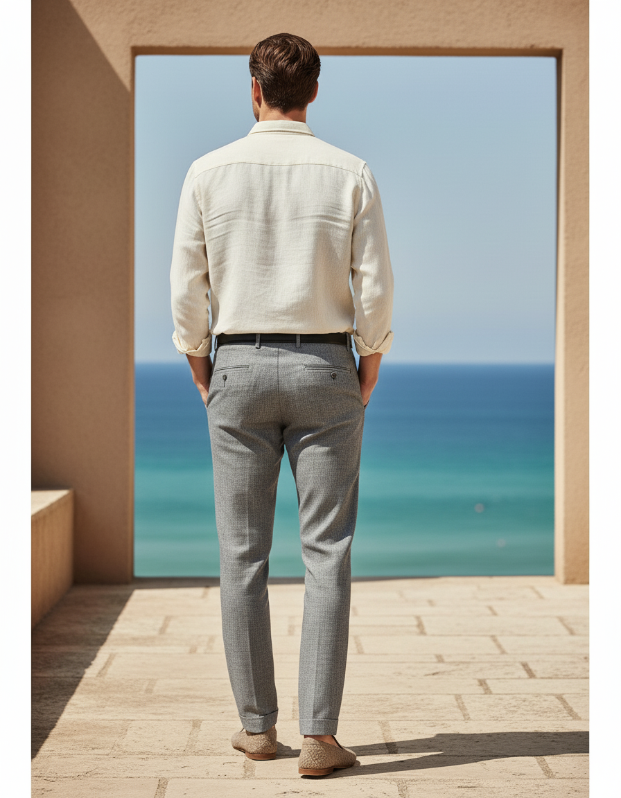Pantalon En Lin Gris Ajusté Élégant Homme - vue 2