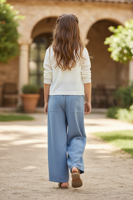 Pantalon En Lin Bleu Ample Fluide Fille - vue 2