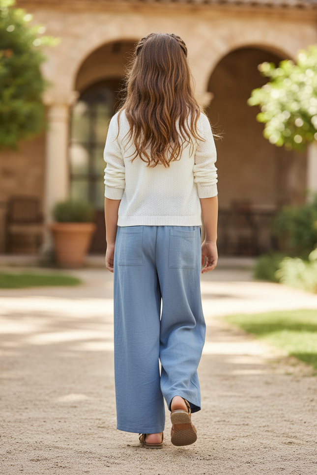 Pantalon En Lin Bleu Ample Fluide Fille - vue 2