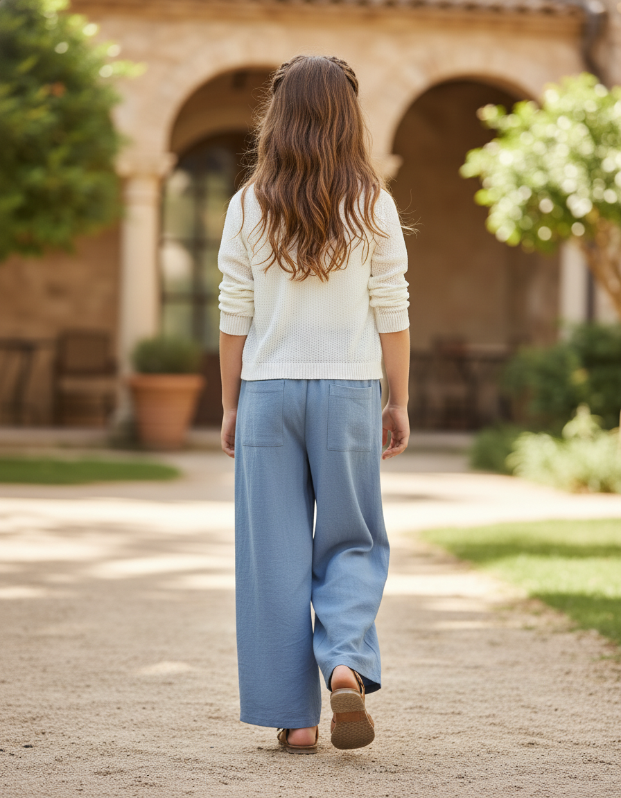 Pantalon En Lin Bleu Ample Fluide Fille - vue 2